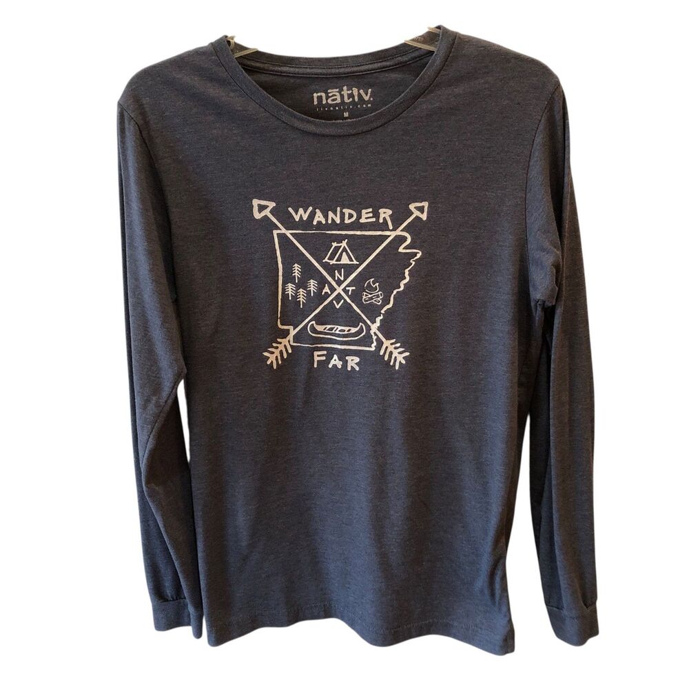 Nativ Men Medium Blue Gray Long Sleeve Wander Far Graphic T Shirt Tee Top Size M